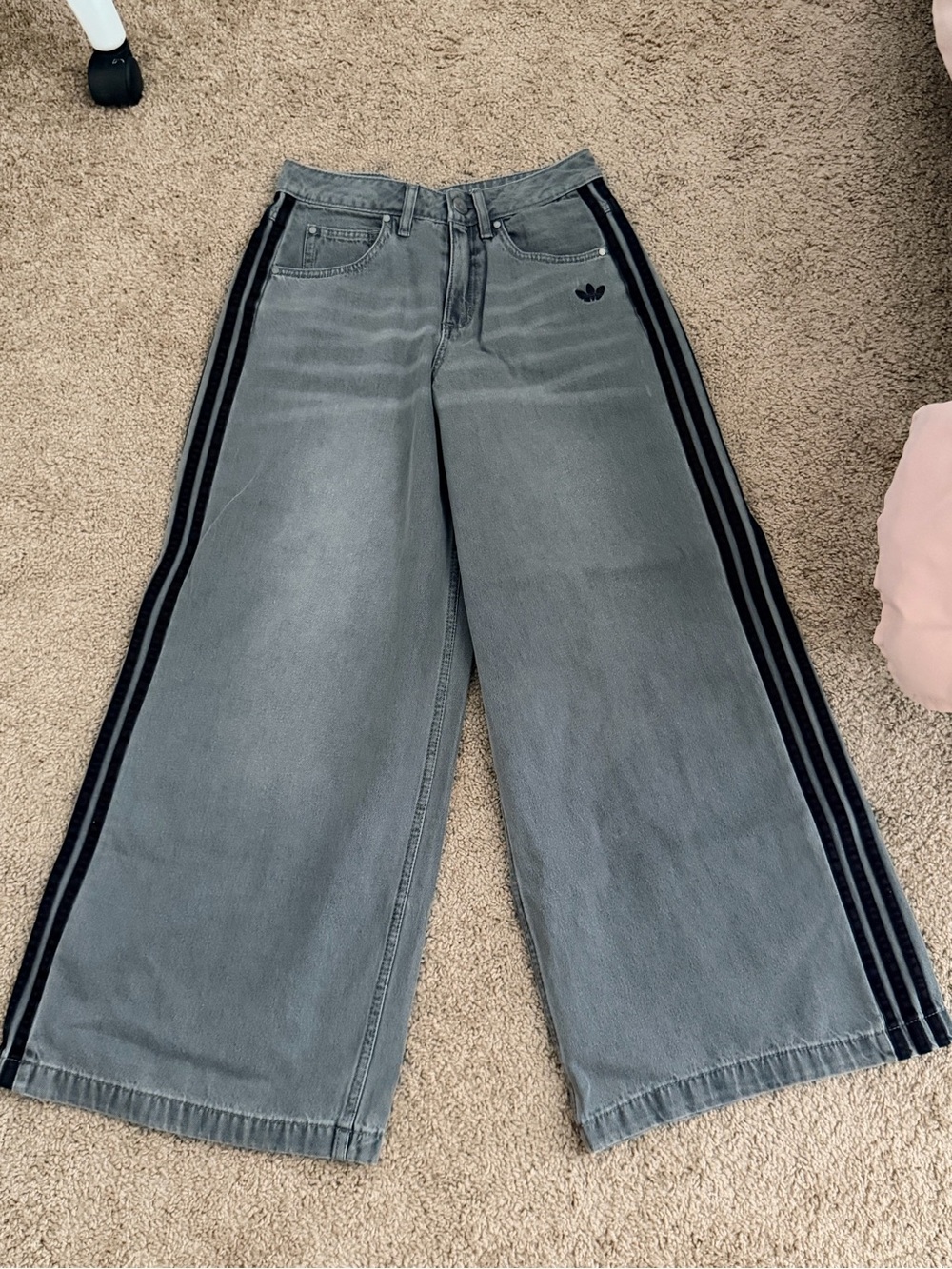 adidas Gray Wide-Leg Jeans with Black Side Stripes